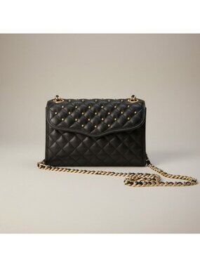 Rebecca Minkoff Quilted Black Leather Crossbody Bag With Gold Chain Strap & Blue